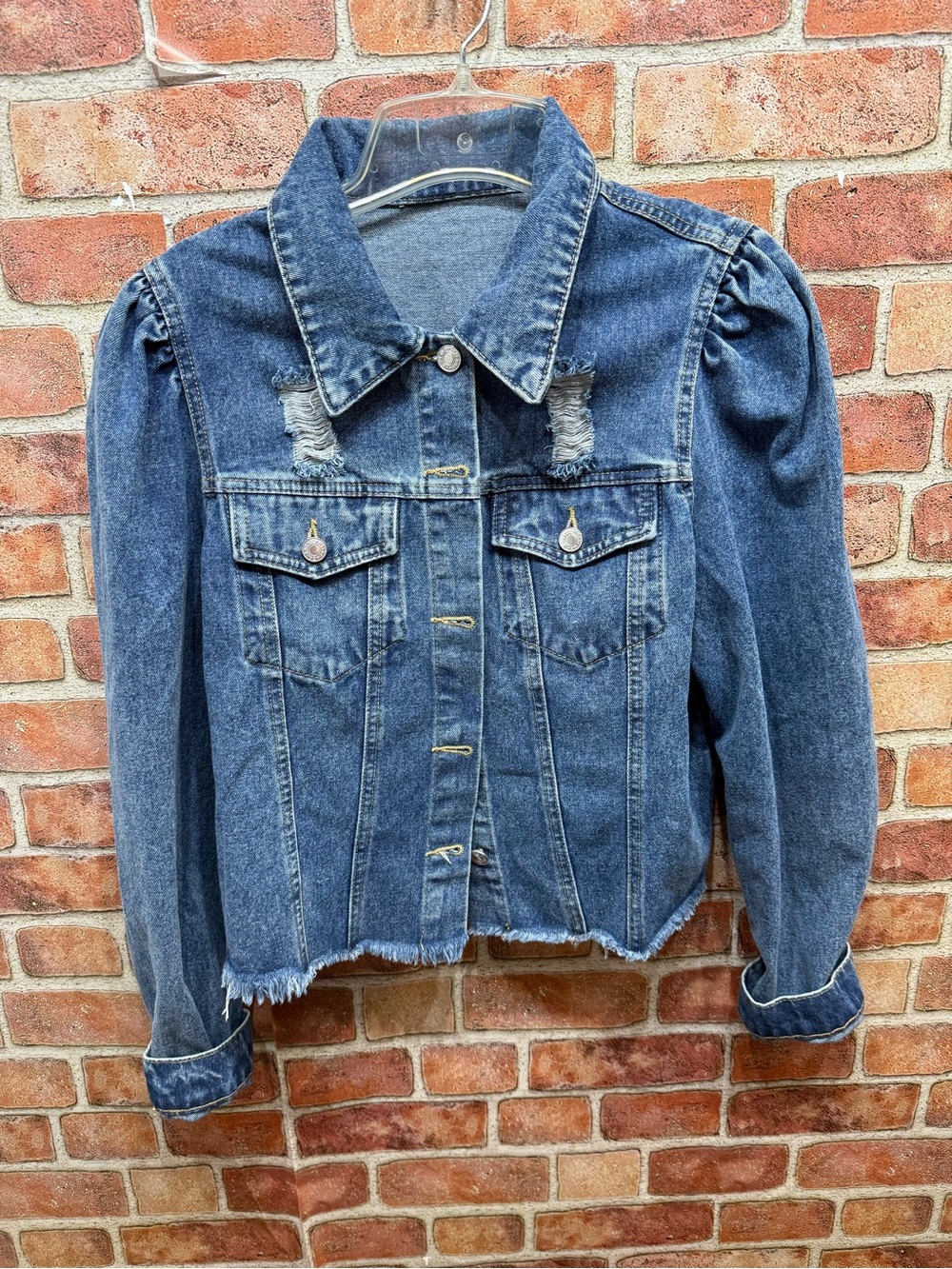 Edgy feminine Y2K grunge core  puff sleeve distressed raw hem Blue Denim Jacket